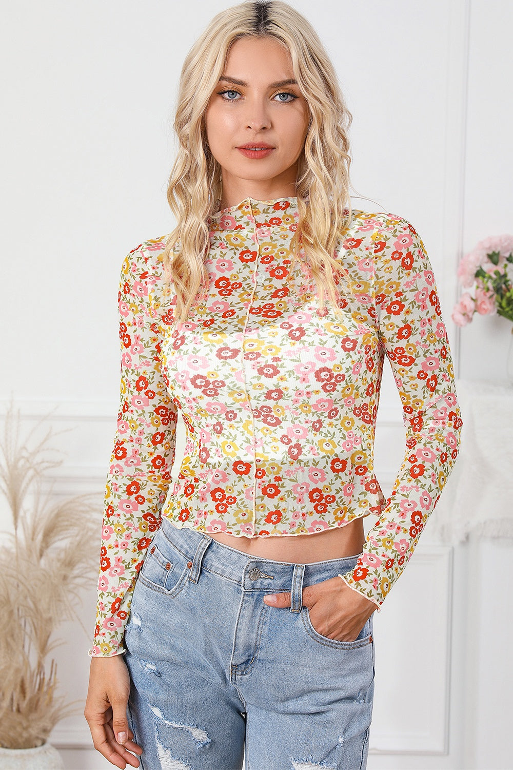 Floral Mock Neck Long Sleeve Blouse Multicolor