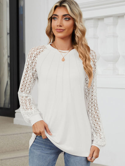 Round Neck Lace Long Sleeve Top White