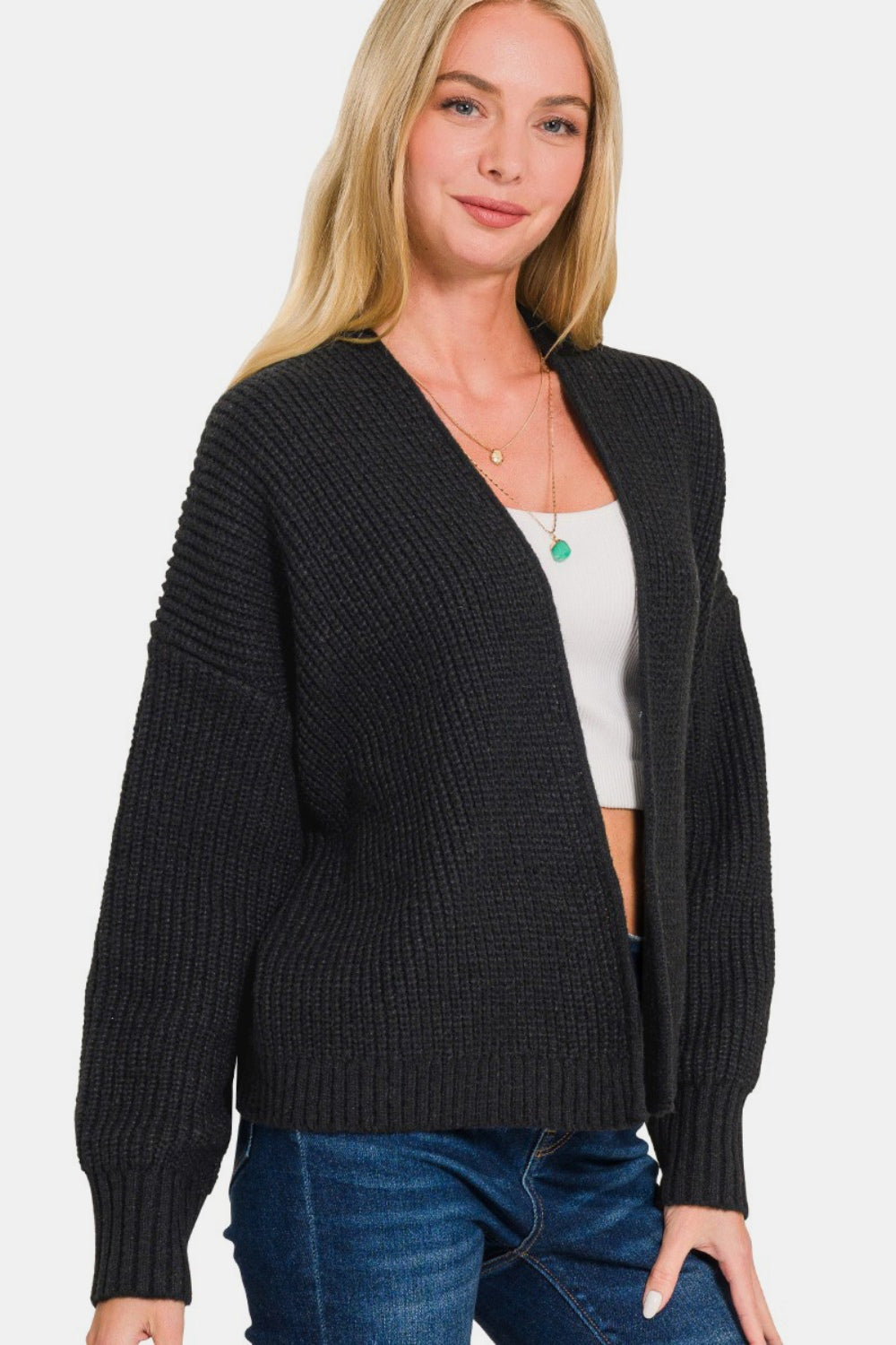 Zenana Open Front Drop Shoulder Sweater Cardigan Black