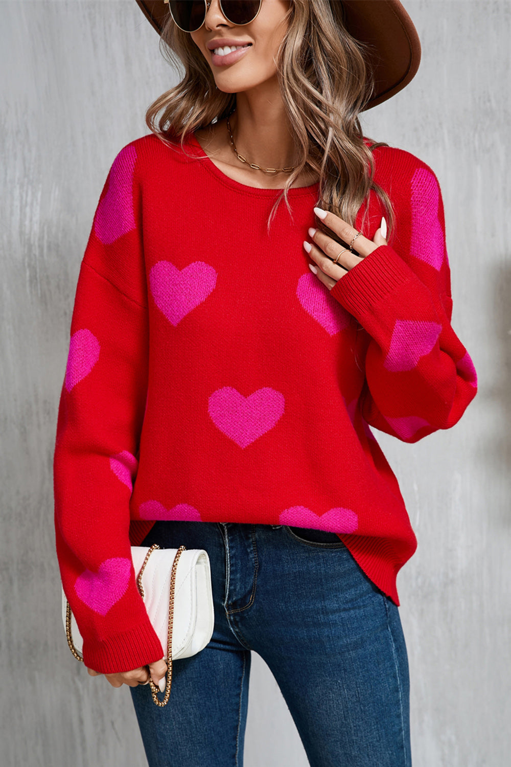 Angel Wings Heart Round Neck Dropped Shoulder Sweater Red