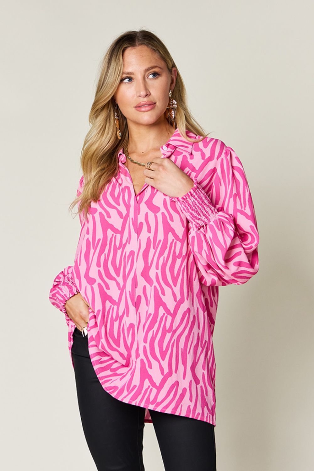 Smocked Long Sleeve Top with Alluring Print Deep Rose