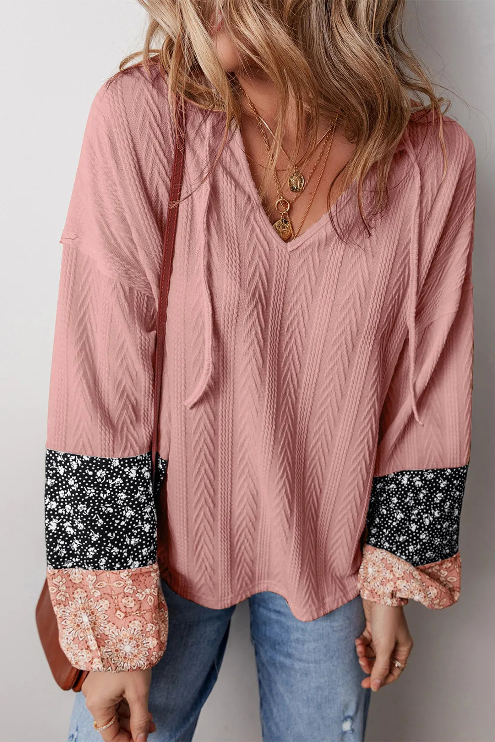 Drawstring Color Block Hooded Long Sleeve Top Dusty Pink