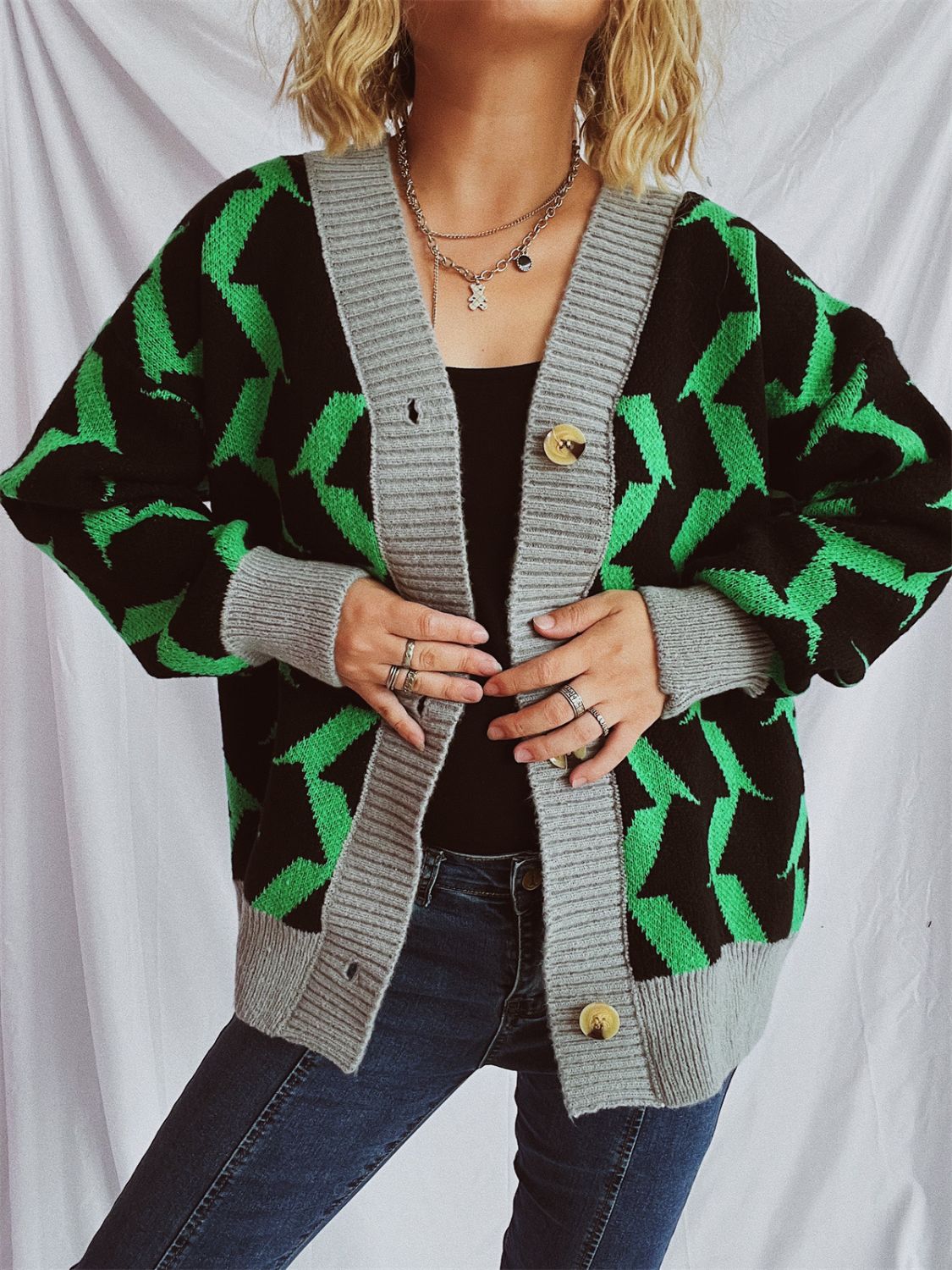 Contrast Trim Geometric V-Neck Long Sleeve Cardigan Lime One Size