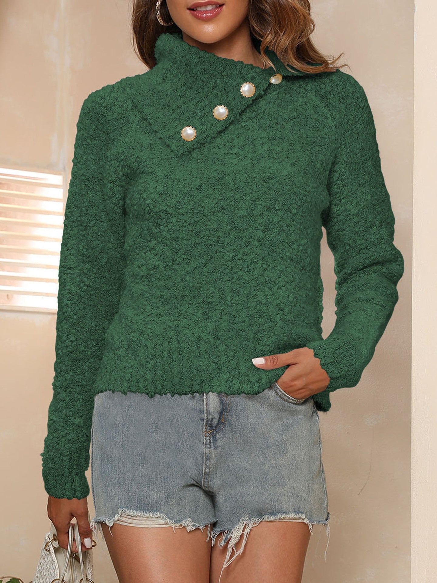 Asymmetric Collared Neck Long Sleeve Sweater Dark Green