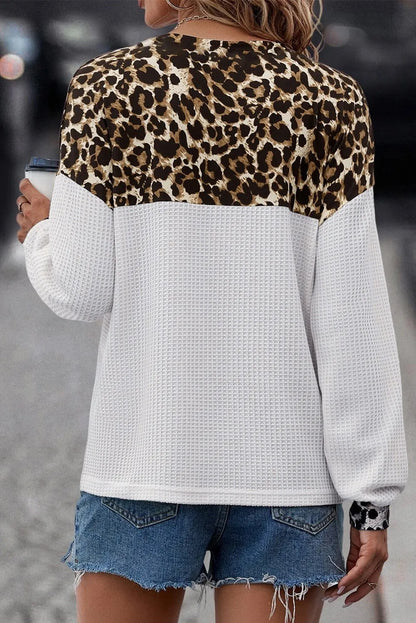 Waffle-Knit Leopard V-Neck Long Sleeve Blouse