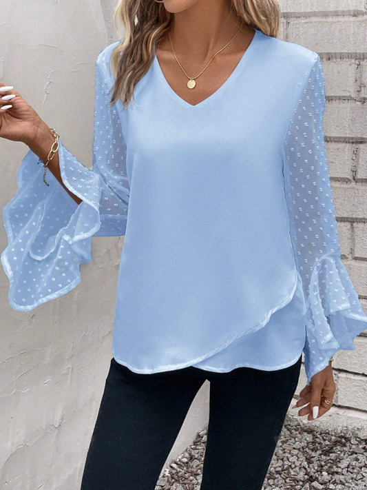 Swiss Dot V-Neck Flounce Sleeve Blouse Light Blue