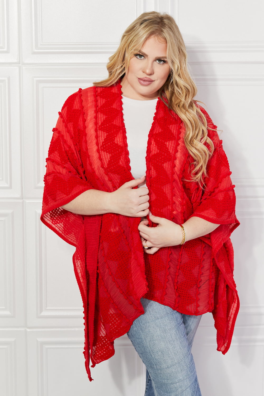 Justin Taylor Pom-Pom Asymmetrical Poncho Cardigan in Red Red One Size