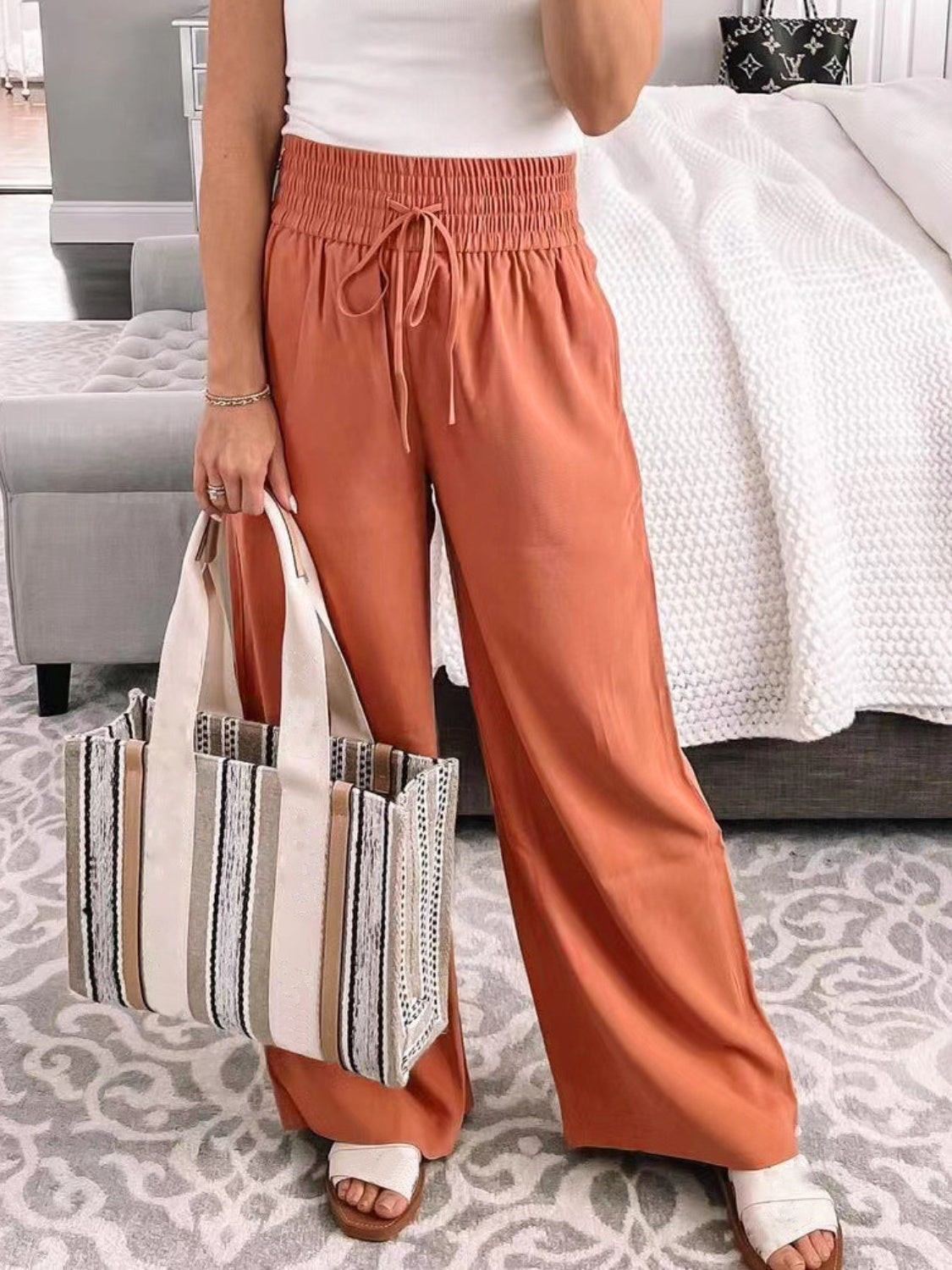 Full Size Drawstring High Waist Wide Leg Pants Orange-Red