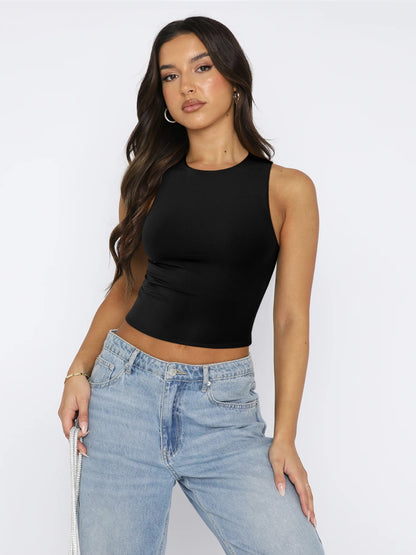 Round Neck Cropped Tank Black