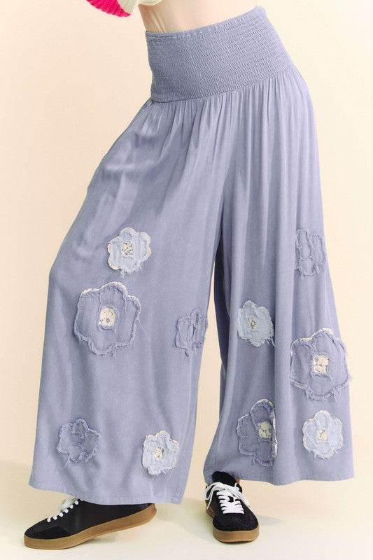 Davi & Dani Smocked Waist Flower Patch Wide Leg Pants Blue