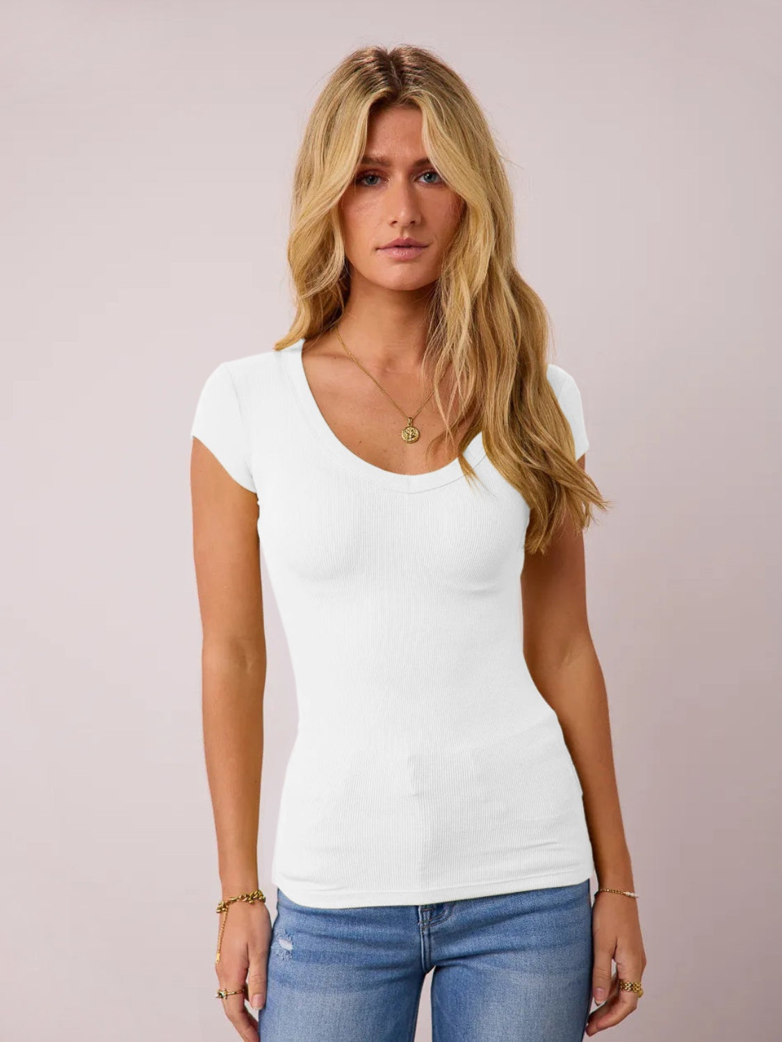 Scoop Neck Cap Sleeve T-Shirt White