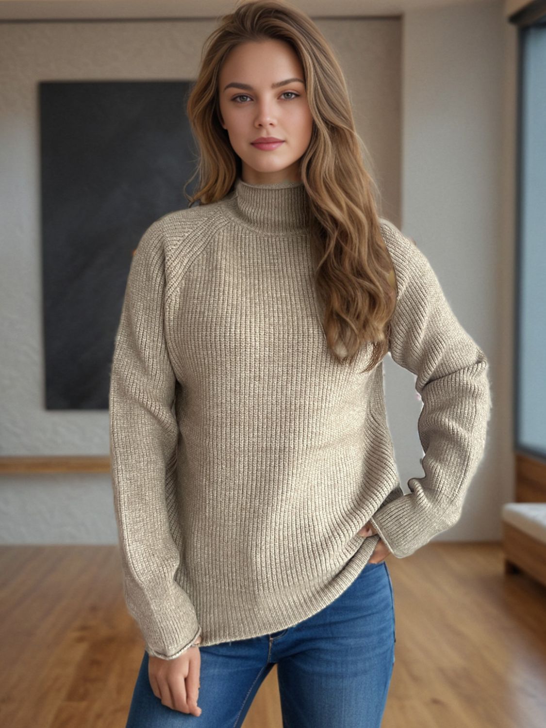 Turtleneck Long Sleeve Sweater Khaki One Size