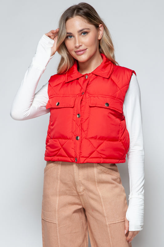 Snobbish Snap Down Quilted Crop Vest Red