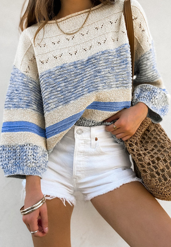 Contrast Round Neck Long Sleeve Sweater Light Blue