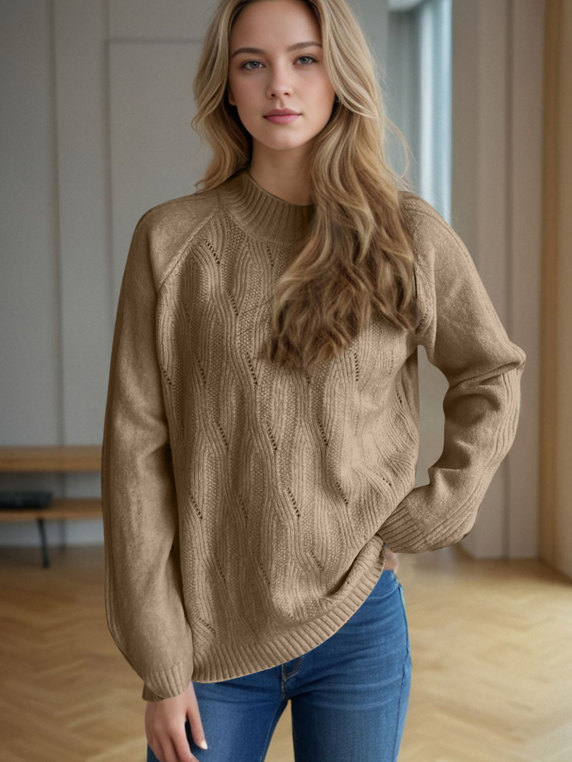 Mock Neck Long Sleeve Sweater Camel One Size