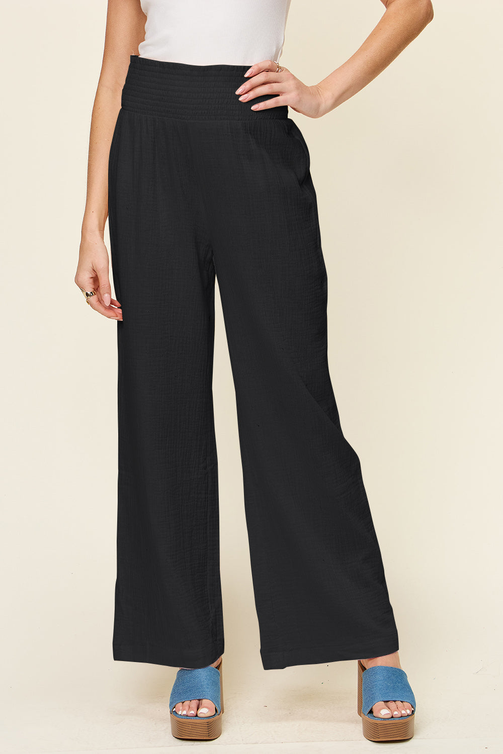 Textured Smocked Waist Wide Leg Pants Black