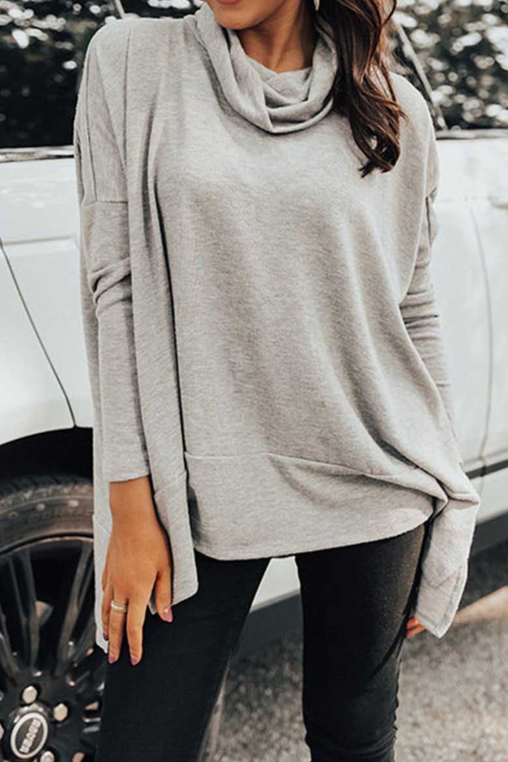 Cowl Neck Long Sleeve Slit Blouse Light Gray