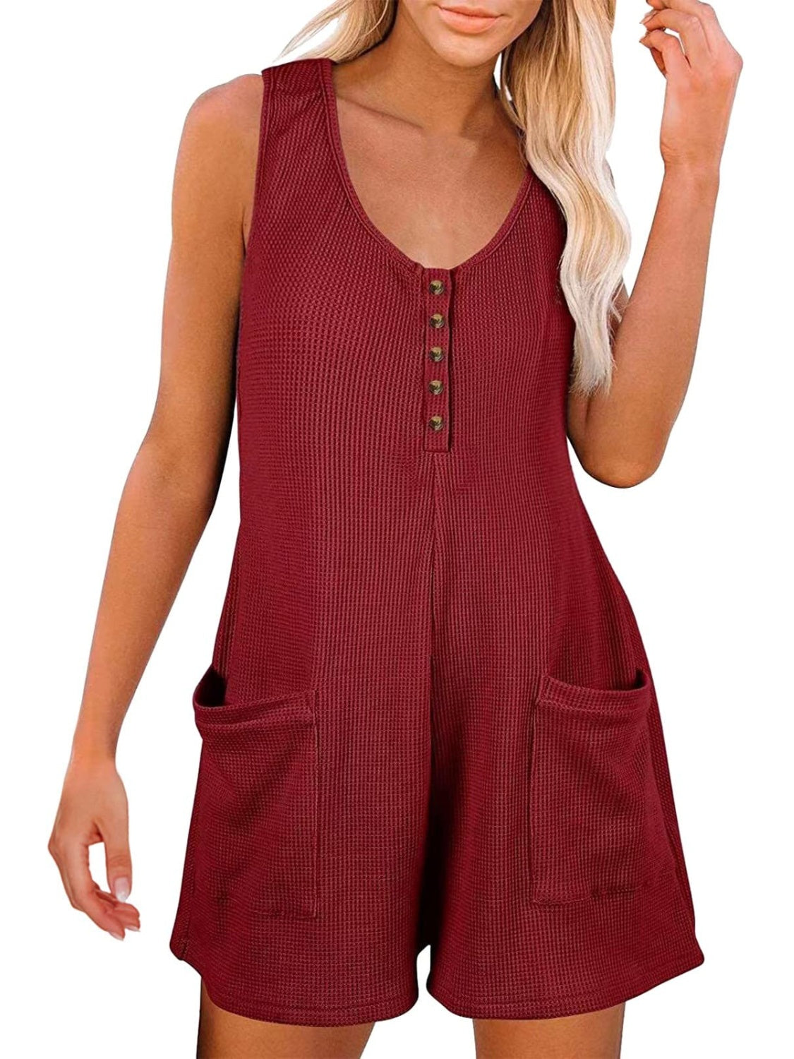 Button Front Sleeveless Romper with Pockets