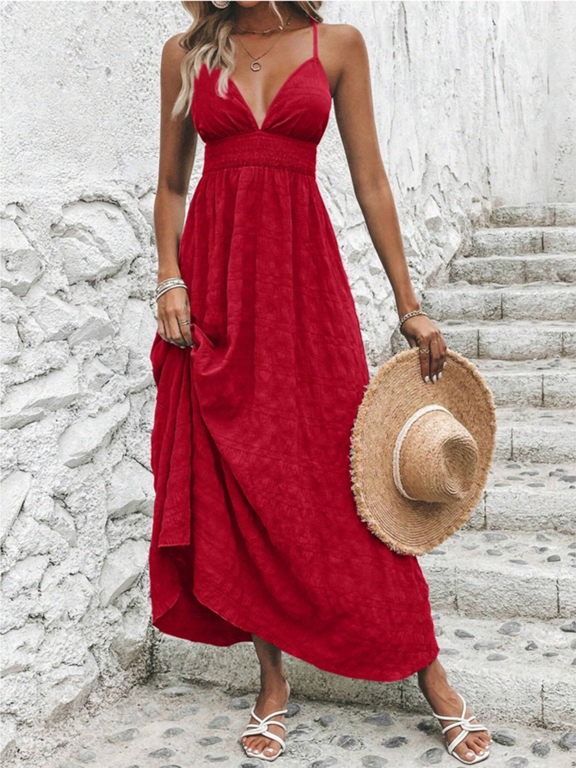 Back-to-School Flowy V-Neck Maxi Dress Scarlet