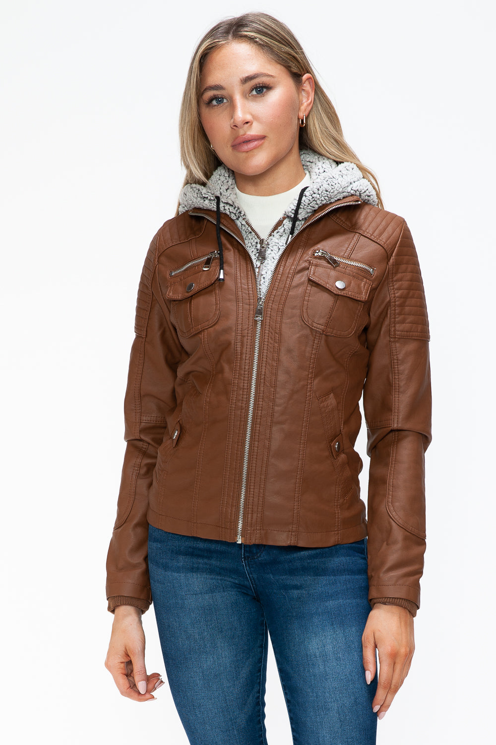 YMI Removable Faux Layered Multi-Pocket Jacket with Fuzzy Hood Rust