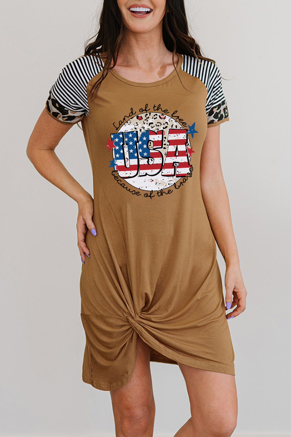 USA Star and Stripe Graphic Twisted Dress Tan