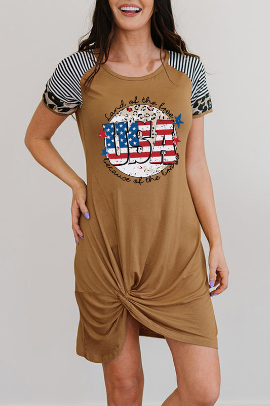 USA Star and Stripe Graphic Twisted Dress Tan