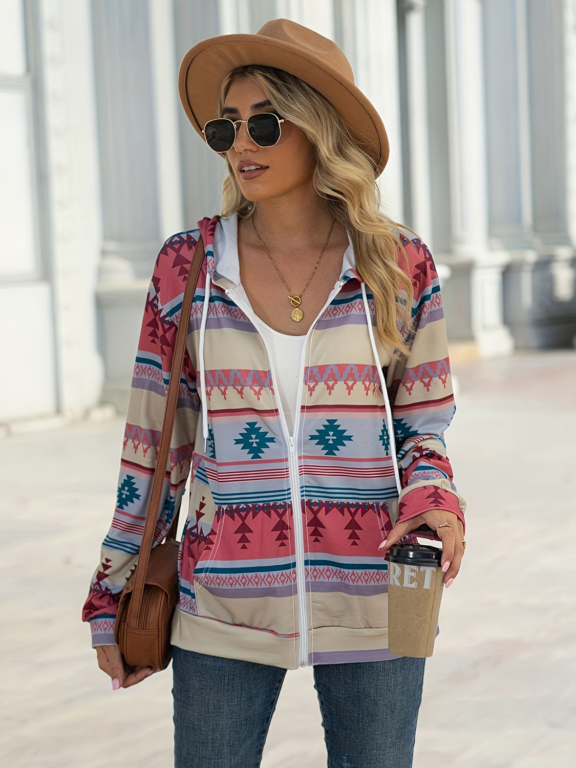 Geometric Hooded Sweatshirt Jacket