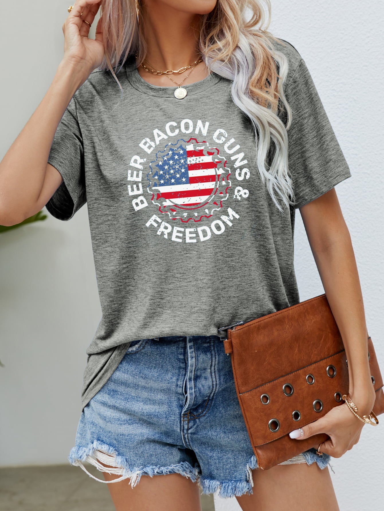 Flag Tee with Beer, Bacon & Freedom Mid Gray