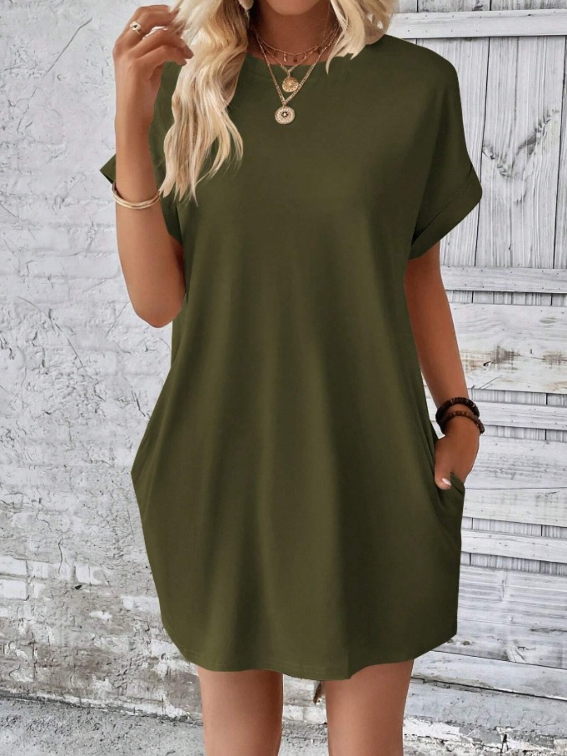 Casual Pocketed Round Neck Tee Dress Army Green