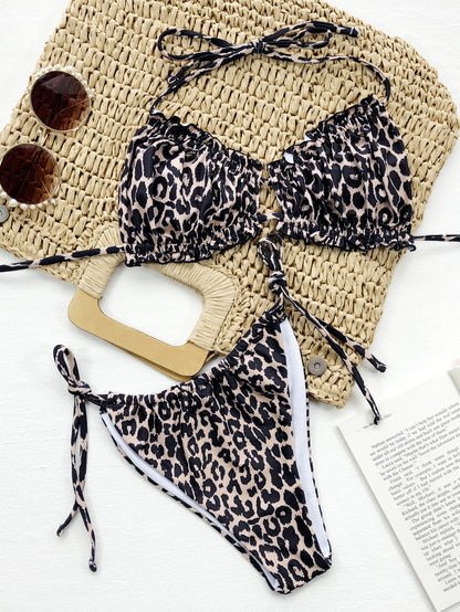 Leopard or Solid Tie-Side Halter Bikini Set