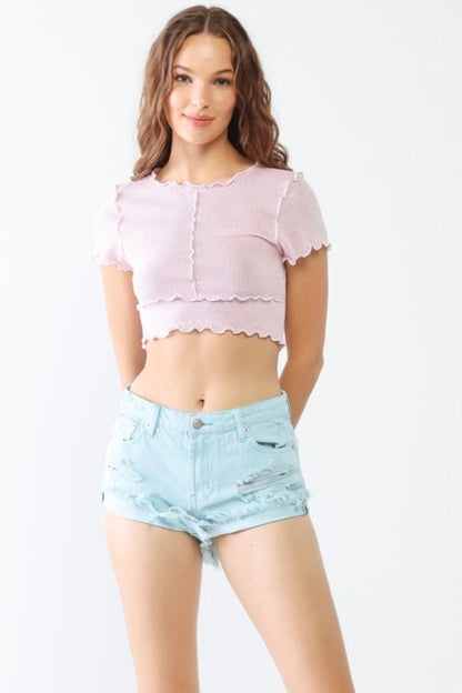 LITZ LA Distressed Ripped Denim Shorts Aqua