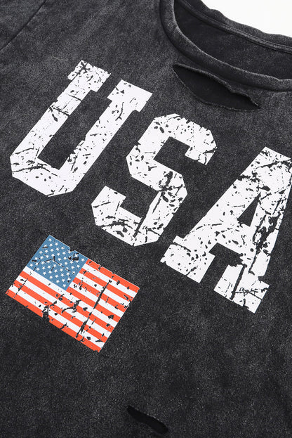 USA Cutout Round Neck Short Sleeve T-Shirt