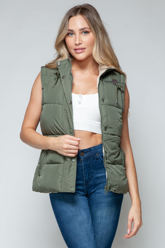 Snobbish Snap and Zip Closure Hooded Vest Light Olive Sand