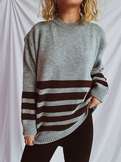 Striped Dropped Shoulder Long Sleeve Sweater Dark Gray One Size