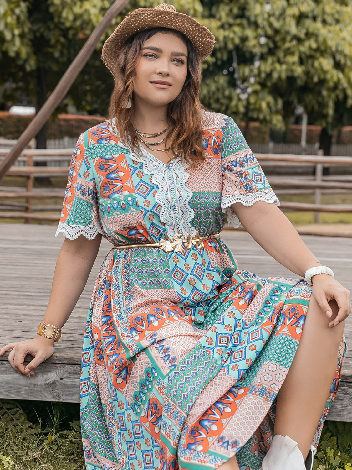 Back-to-School Plus Size Printed Midi Dress with Lace Detail