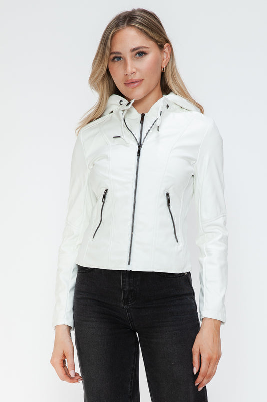 Snobbish Faux Leather Zip Up Drawstring Hooded Jacket White