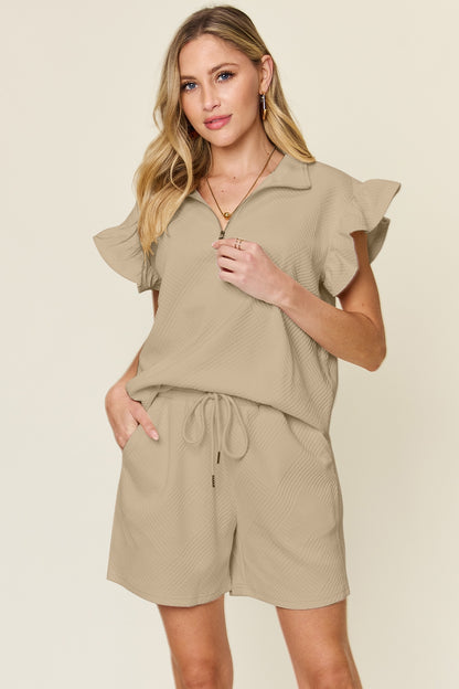 Textured Flounce Sleeve & Drawstring Shorts Set Khaki