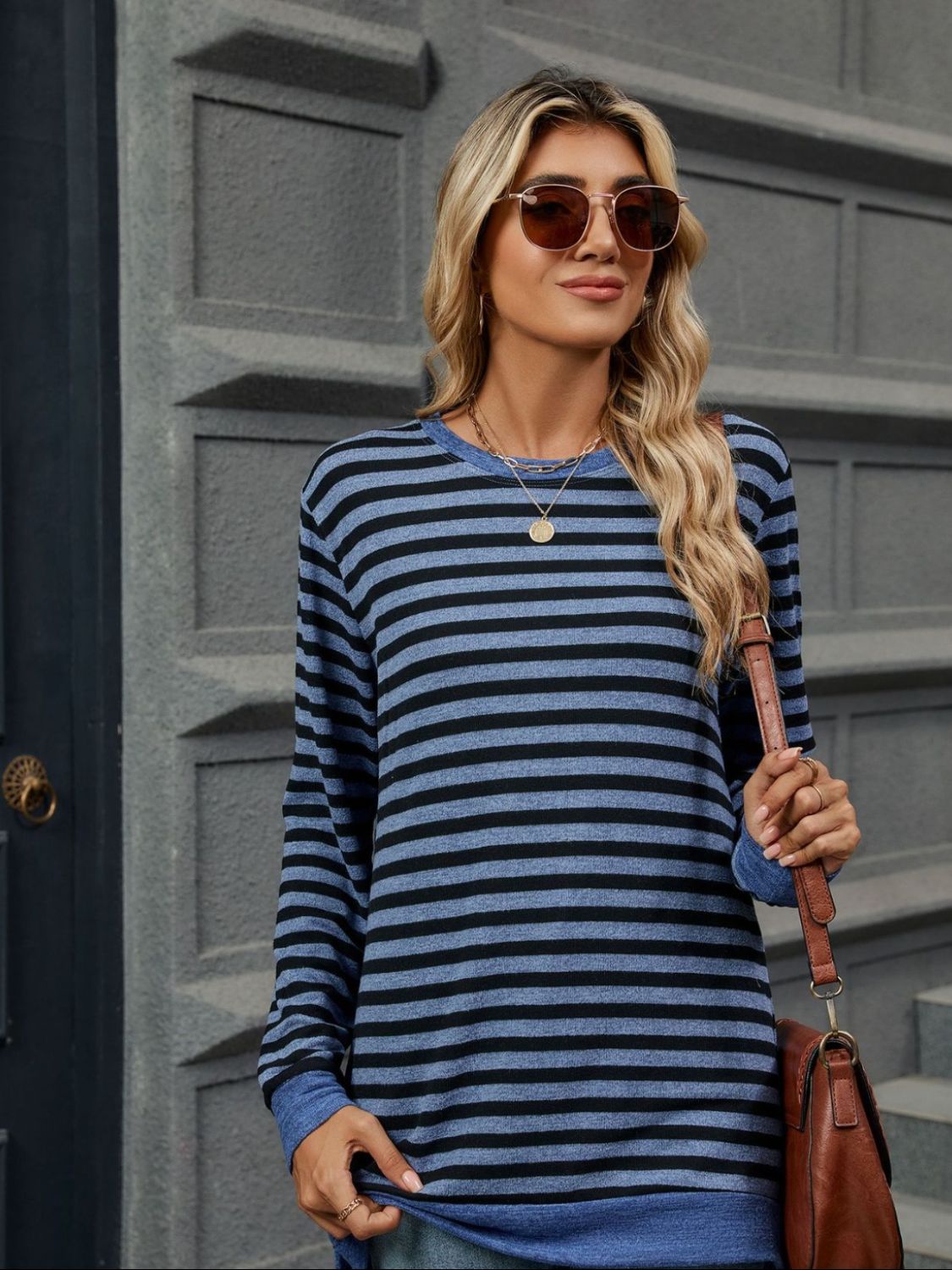 Striped Round Neck Long Sleeve T-Shirt Peacock Blue