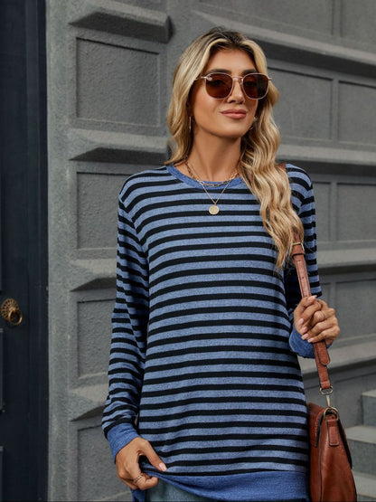 Striped Round Neck Long Sleeve T-Shirt Peacock Blue