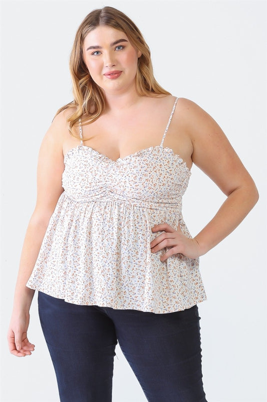 Zenobia Plus Size Frill Smocked Floral Sweetheart Neck Cami Off-White