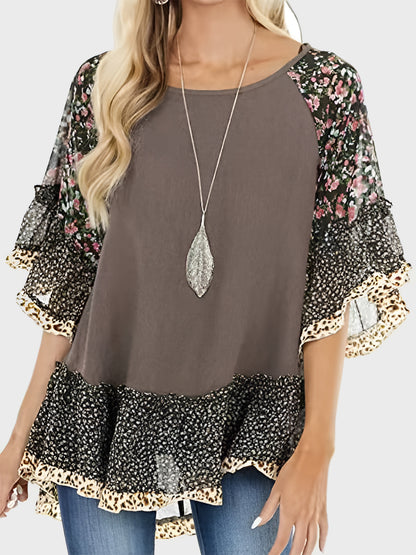 Full Size Frill Printed Round Neck Half Sleeve Blouse Taupe