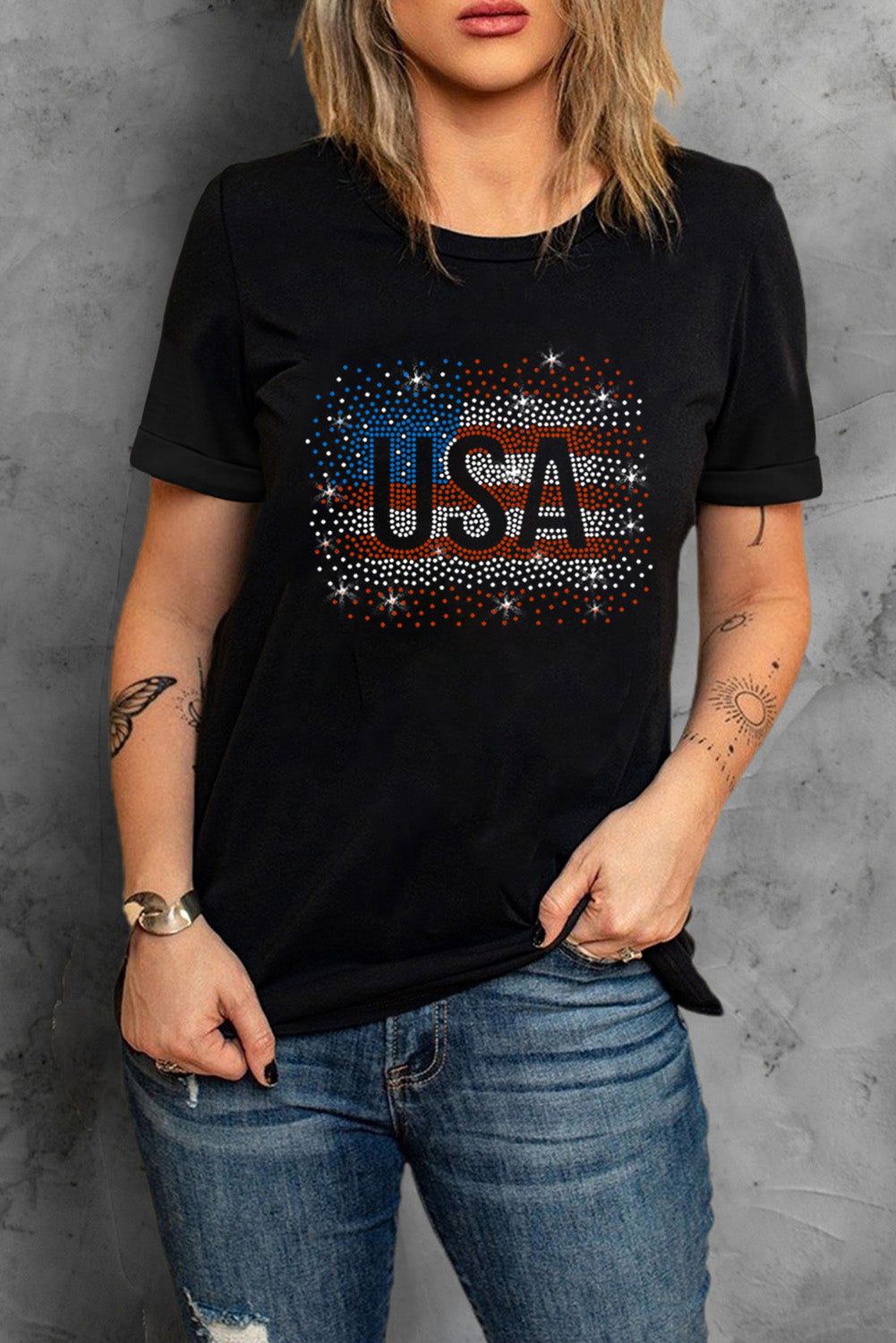 USA Rhinestone Round Neck Short Sleeve T-Shirt Black