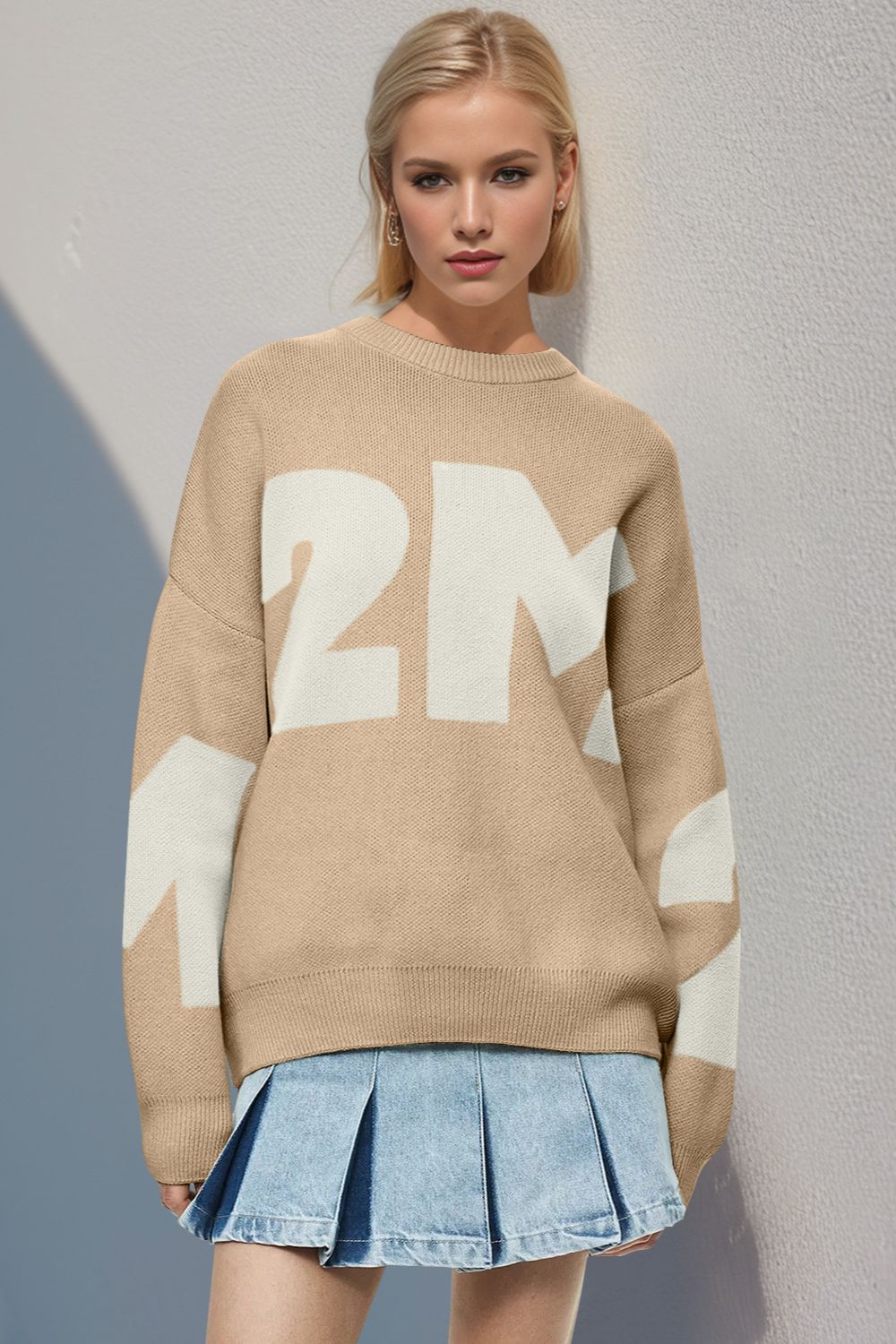 Basic Bae Contrast Letter Round Neck Long Sleeve Sweater Tan One Size