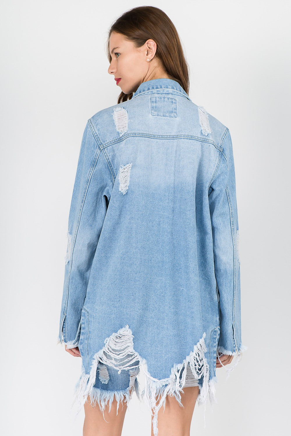 Women's Distressed Denim Jacket with Frayed Hem