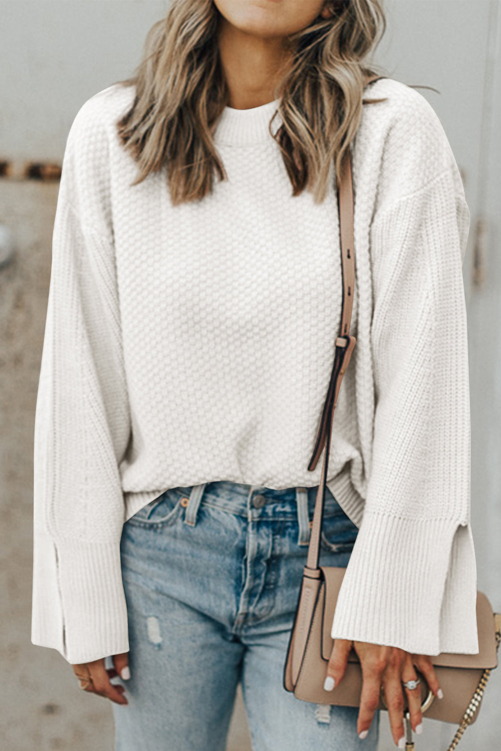 Textured Round Neck Long Sleeve Sweater White