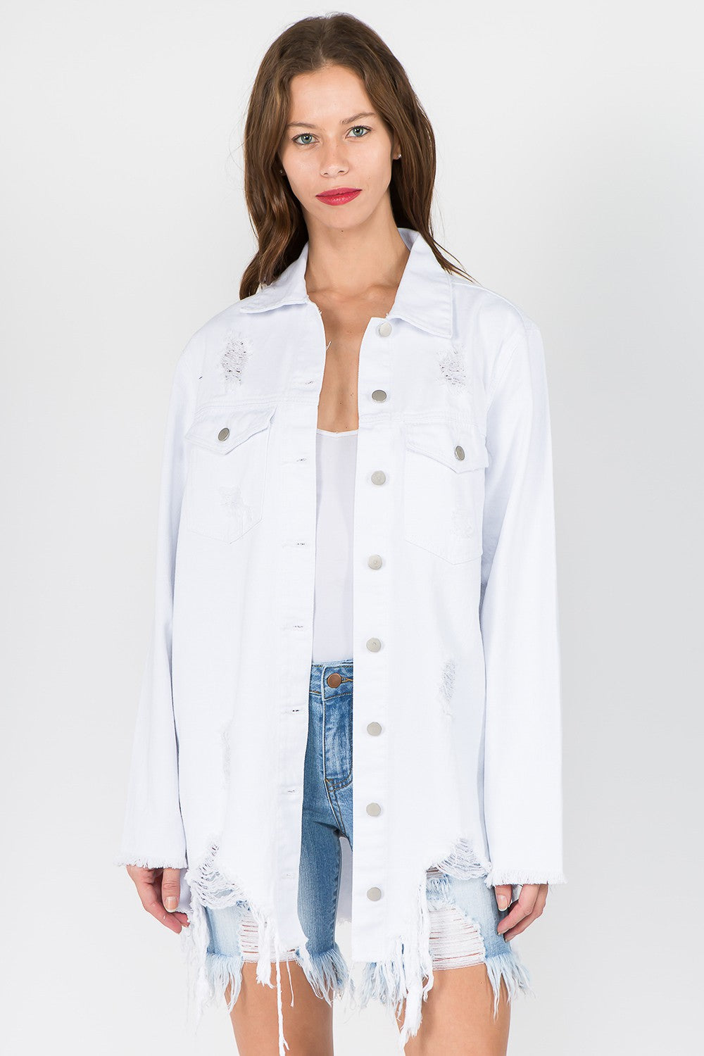 Women's Distressed Denim Jacket with Frayed Hem White