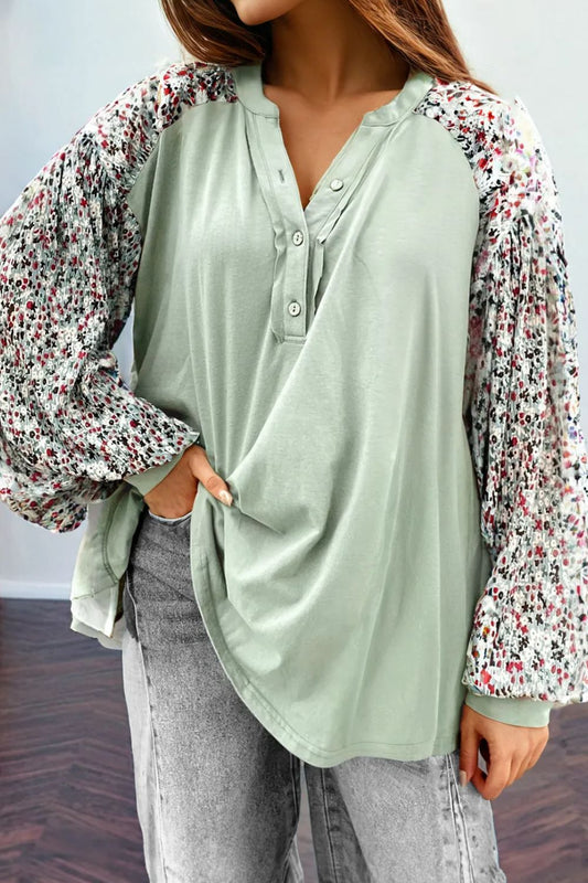 Printed Notched Long Sleeve Blouse Light Green