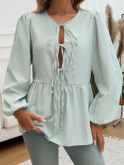 Tied Striped Long Sleeve Blouse Gum Leaf