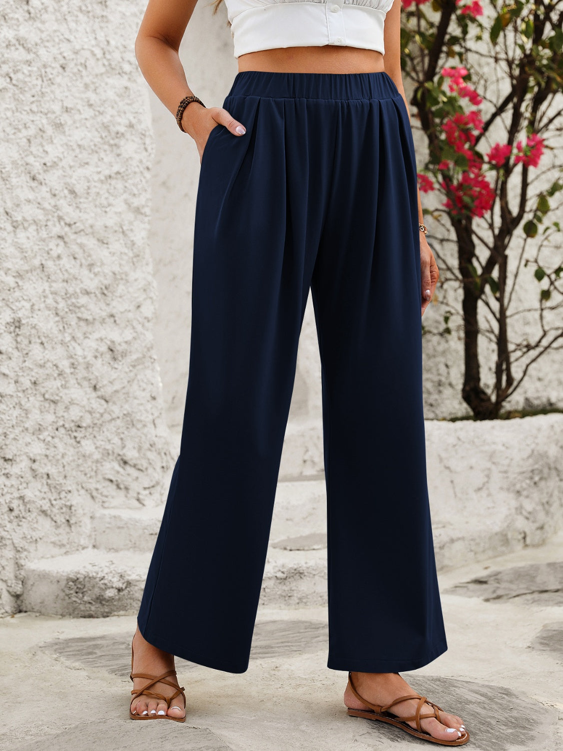 Elastic Waist Wide Leg Pants Navy