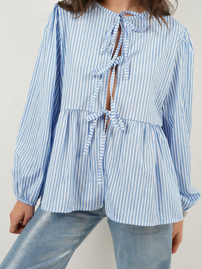 Tied Round Neck Long Sleeve Blouse Stripe